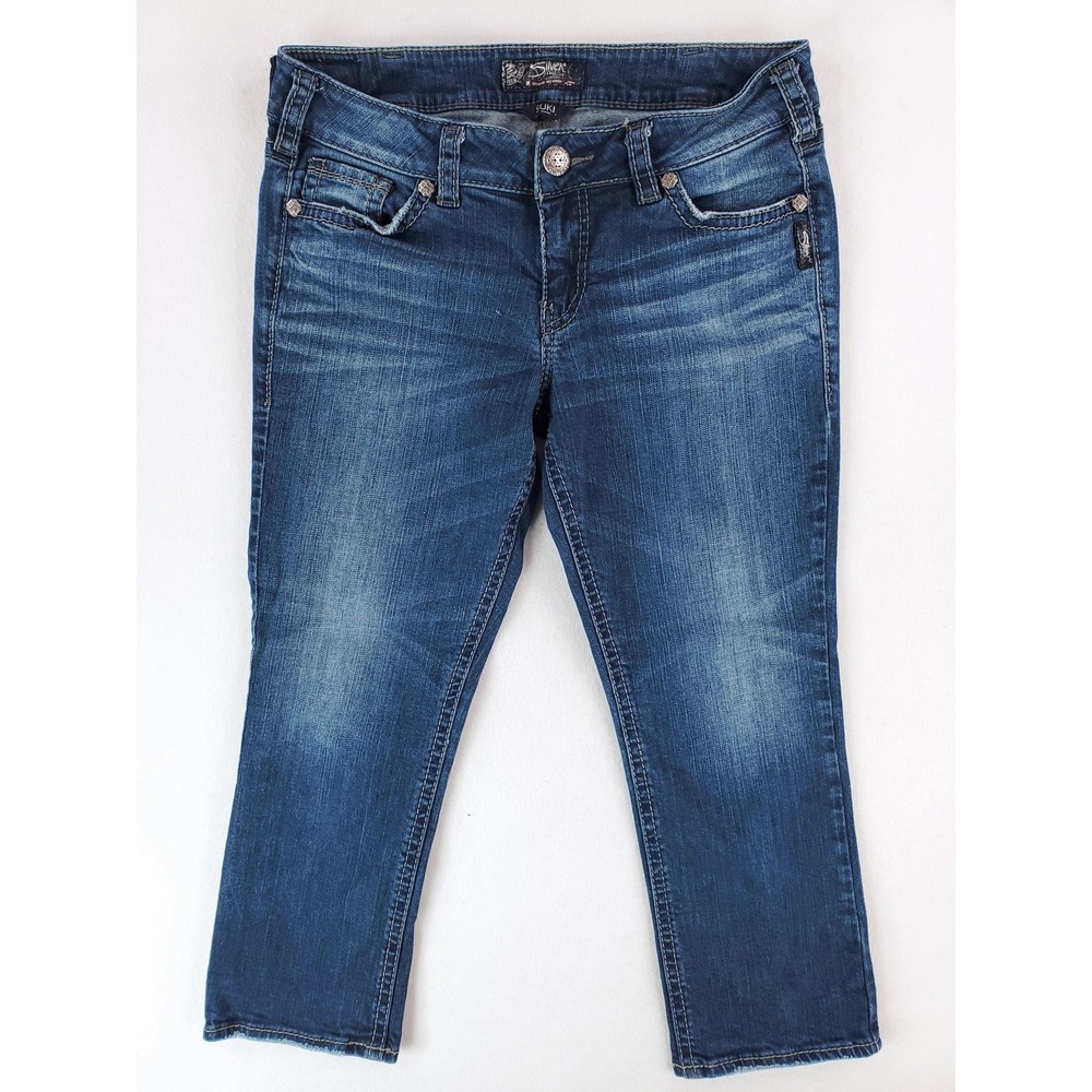 Silver Jeans Suki Capri Pants Womens 31 Stretch Denim Embroidered Pocket Mid‎